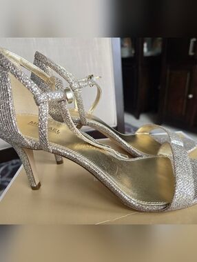 Michael Kors Metallic Gold Glitter Strappy Mid Heel Sandals